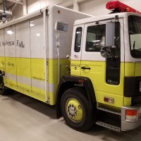 Rescue 5 in its spot in the station. It responds to all of our calls to serve as a station for rehab and refilling air bottles with its portable cascade system. It also serves as a response vehicle for the Tech Rescue Team and the MABAS division 113 Dive team support vehicle.